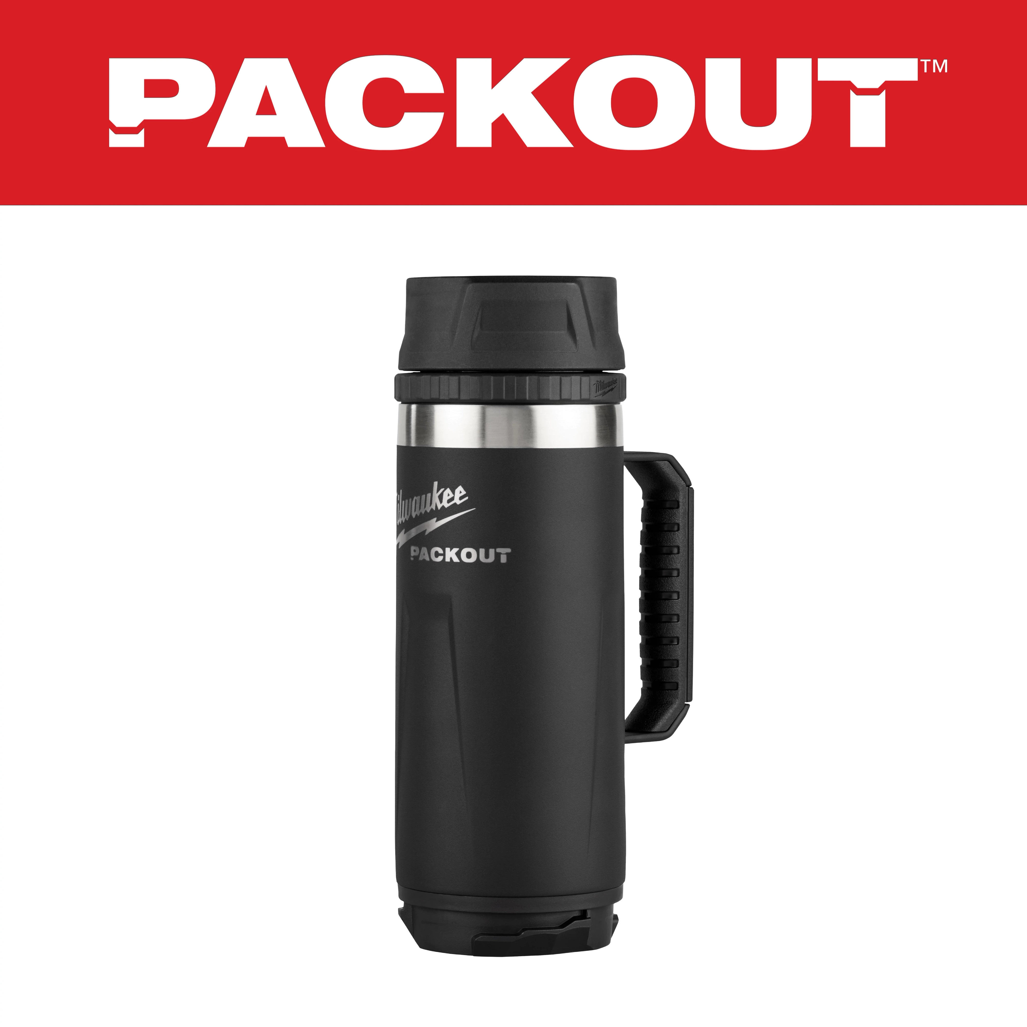 The PACKOUT 18oz Insulated Mug with Sip Lid is shown with a black body, sturdy handle, and a secure lid against a red background.