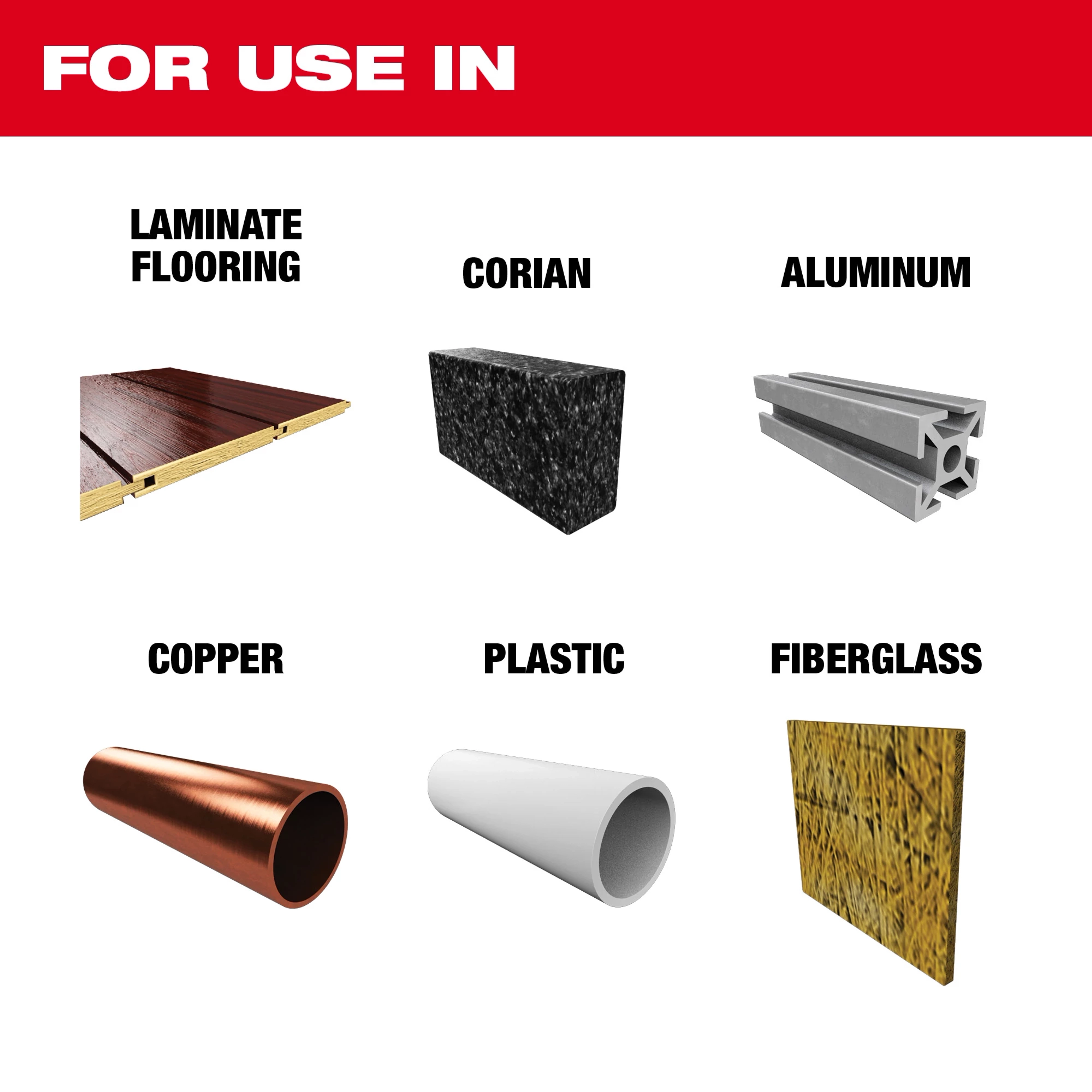 For Use In Laminate Track Saw Blade Image Reel shows compatibility with laminate flooring, Corian, aluminum, copper, plastic, and fiberglass.