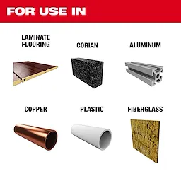 For Use In Laminate Track Saw Blade Image Reel shows compatibility with laminate flooring, Corian, aluminum, copper, plastic, and fiberglass.