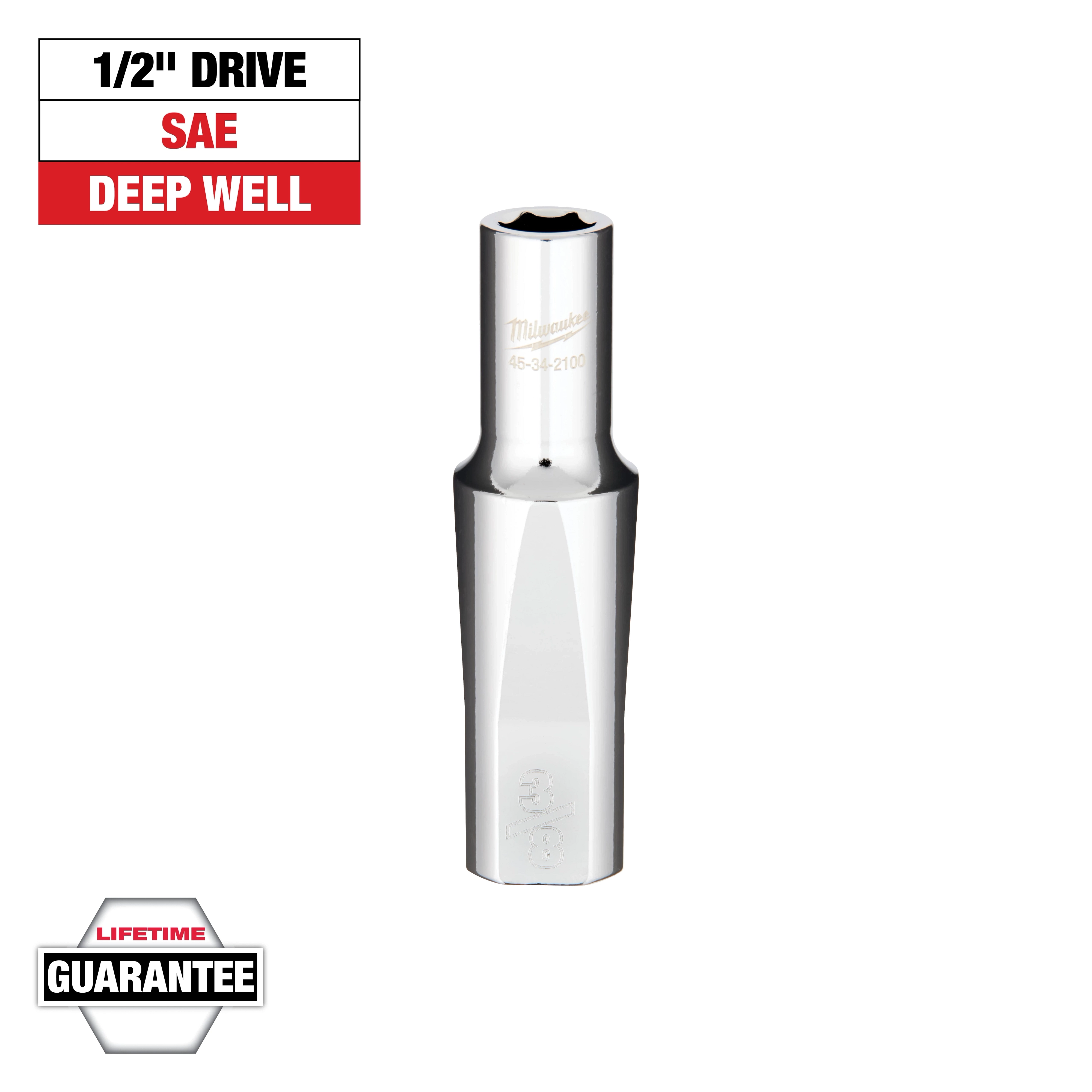 This image shows a Milwaukee 1/2" drive SAE deep well socket. The product is made of polished chrome, and the packaging guarantees lifetime quality. The top left has text indicating "1/2" DRIVE," "SAE," and "DEEP WELL." The bottom left features a "Lifetime Guarantee" badge.
