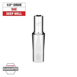 This image shows a Milwaukee 1/2" drive SAE deep well socket. The product is made of polished chrome, and the packaging guarantees lifetime quality. The top left has text indicating "1/2" DRIVE," "SAE," and "DEEP WELL." The bottom left features a "Lifetime Guarantee" badge.