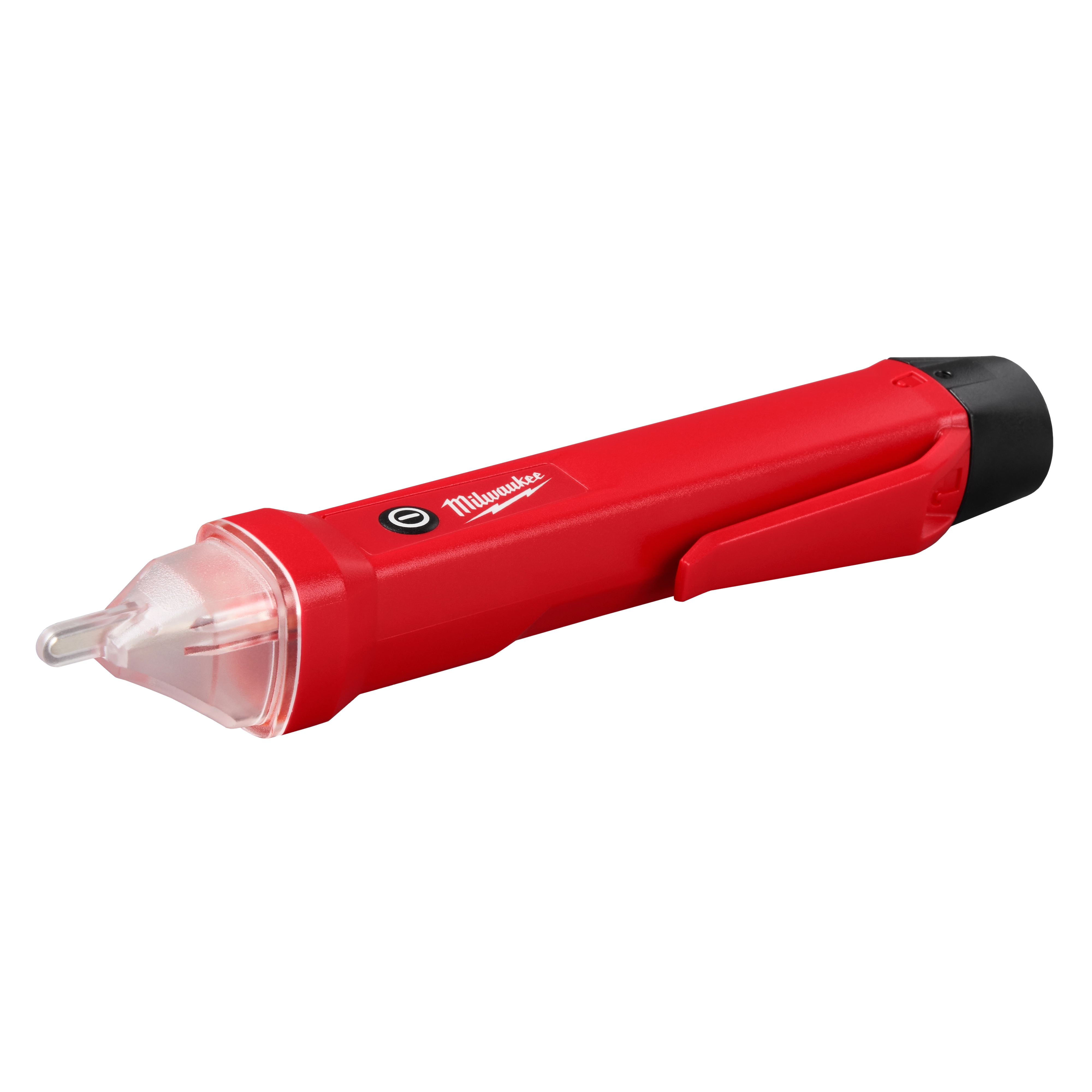 Milwaukee Voltage Detector features a red body with a pocket clip and a transparent tip. It is designed for detecting electrical voltages safely and easily.