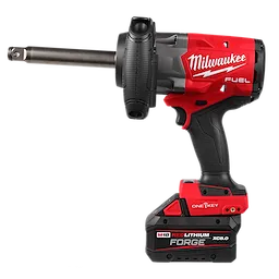Red and black M18 FUEL 3/4" Extended Anvil High Torque Impact Wrench w/ ONE-KEY Kit standing upright on its battery.