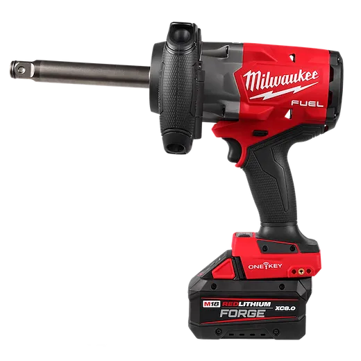 Red and black M18 FUEL 3/4" Extended Anvil High Torque Impact Wrench w/ ONE-KEY Kit standing upright on its battery.