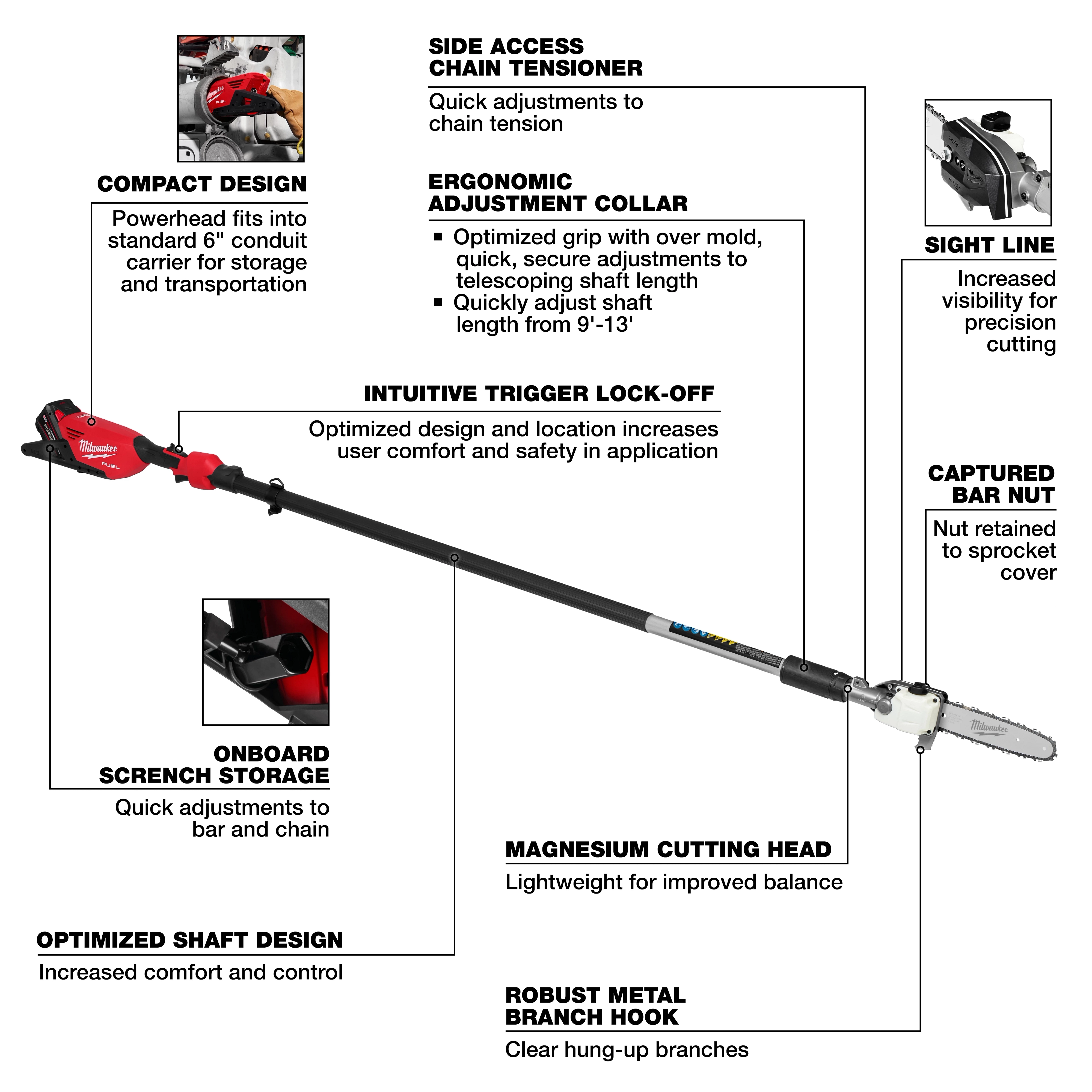 Image of the M18 FUEL™ Telescoping Pole Saw with labeled features. These include a side access chain tensioner, an ergonomic adjustment collar, an intuitive trigger lock-off, a compact design, onboard scrench storage, an optimized shaft design, a magnesium cutting head, a sight line, a captured bar nut, and a robust metal branch hook.