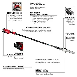 Image of the M18 FUEL™ Telescoping Pole Saw with labeled features. These include a side access chain tensioner, an ergonomic adjustment collar, an intuitive trigger lock-off, a compact design, onboard scrench storage, an optimized shaft design, a magnesium cutting head, a sight line, a captured bar nut, and a robust metal branch hook.