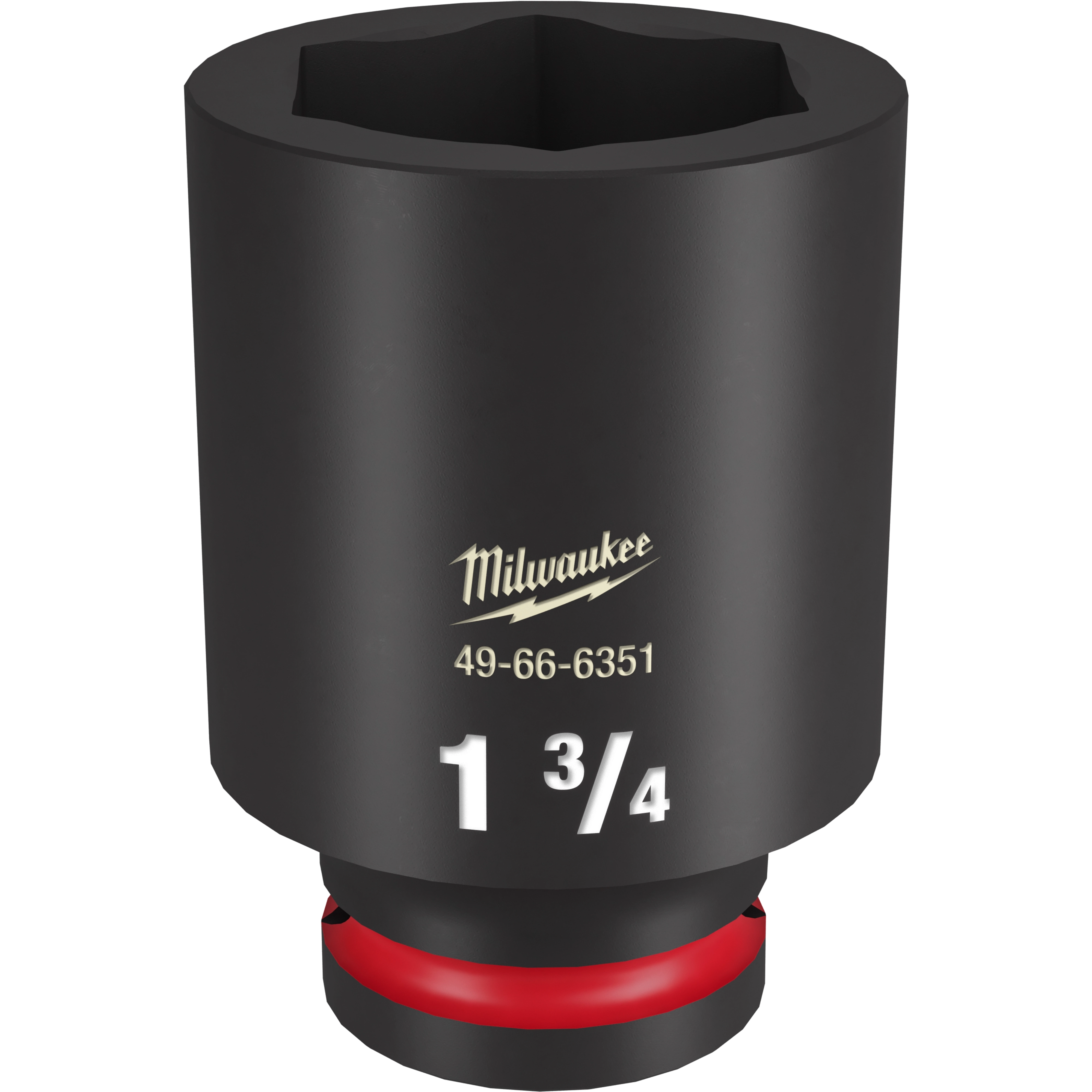3/4 DR 1-3/4 Deep Impact Socket is a black steel socket with the size "1 3/4" marked in white. It features a red ring at the base and the Milwaukee brand name with the product number 49-66-6351 in gold.