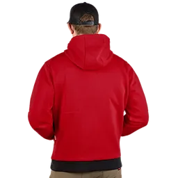 A person is shown from the back wearing a red M12™ Heated Hoodie. The hoodie covers the head and has a black waistband. The person is also wearing a black baseball cap, and their hands are in the hoodie's pockets.