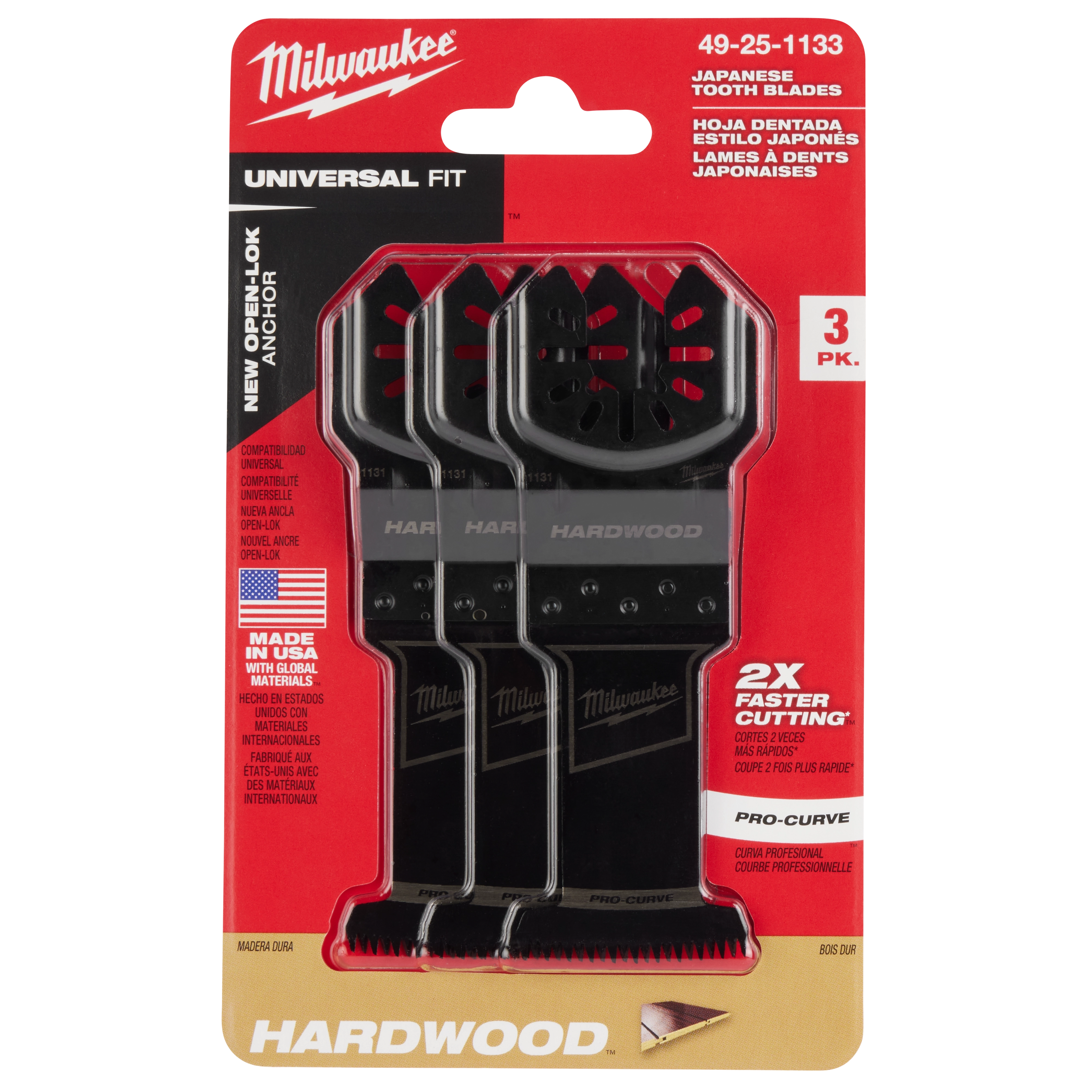 Milwaukee Open-Lok 1-3/8" HCS Japanese Tooth PRO-CURVE Hardwood Multi-Tool Blade 3-Pack in red and black packaging. Universal fit.