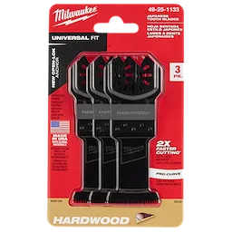 Milwaukee Open-Lok 1-3/8" HCS Japanese Tooth PRO-CURVE Hardwood Multi-Tool Blade 3-Pack in red and black packaging. Universal fit.
