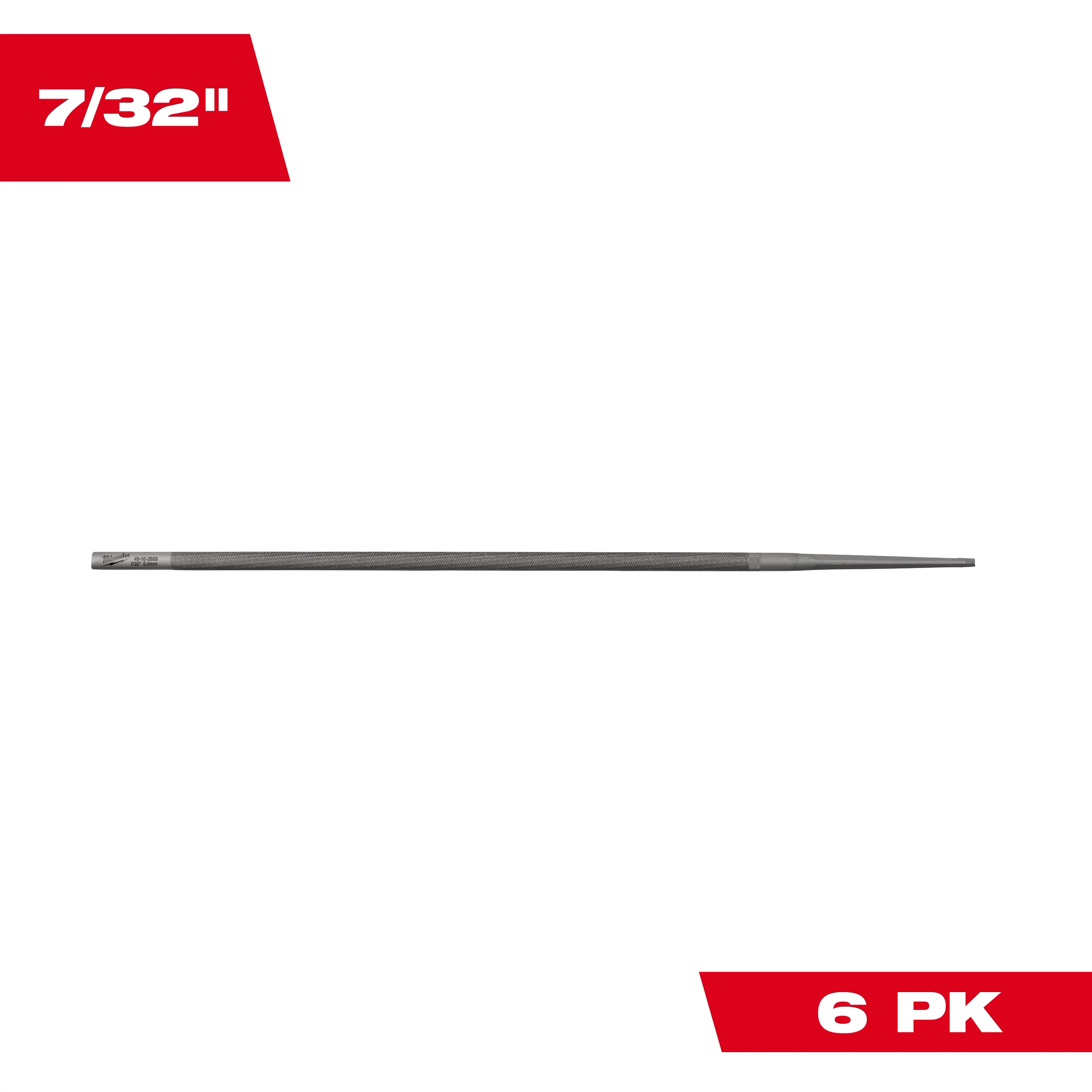 7/32” Round File for Saw Chain 6 PK is a metal round file for sharpening saw chains. The image displays one file from the pack, with red labels indicating the size (7/32") and the quantity (6 PK).