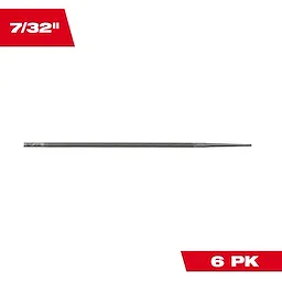 7/32” Round File for Saw Chain 6 PK is a metal round file for sharpening saw chains. The image displays one file from the pack, with red labels indicating the size (7/32") and the quantity (6 PK).