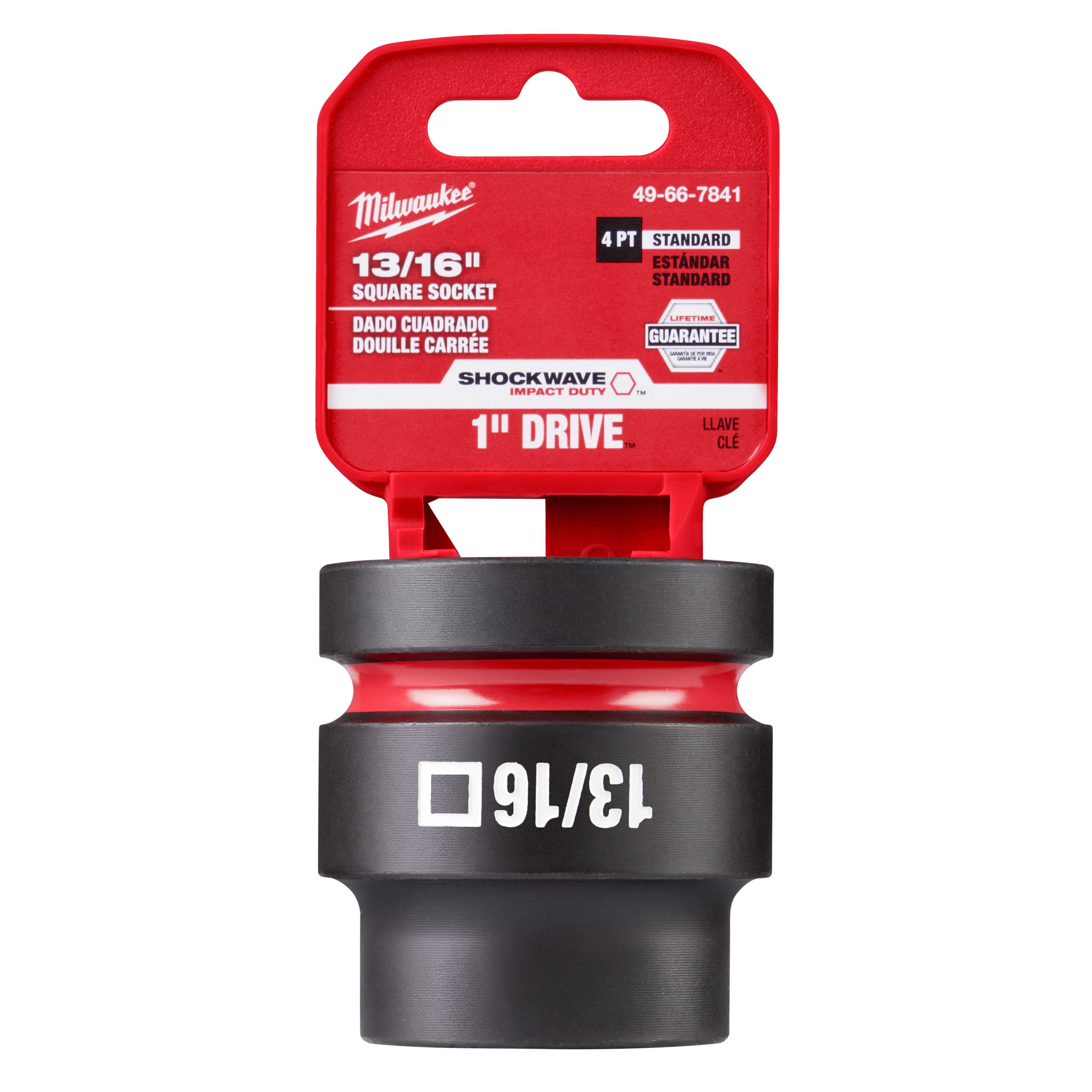 SHOCKWAVE Impact Duty 1" Drive 13/16" Standard 4 Point Square Socket in original packaging with red and black color scheme.