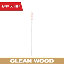 Milwaukee 1/4" x 18" drill bit for clean wood, featuring a long, slim metal design with a red, spiral tip.