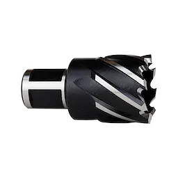 HSS Annular Cutter with a cylindrical shank and helical flutes, designed for efficient drilling in metalworking.