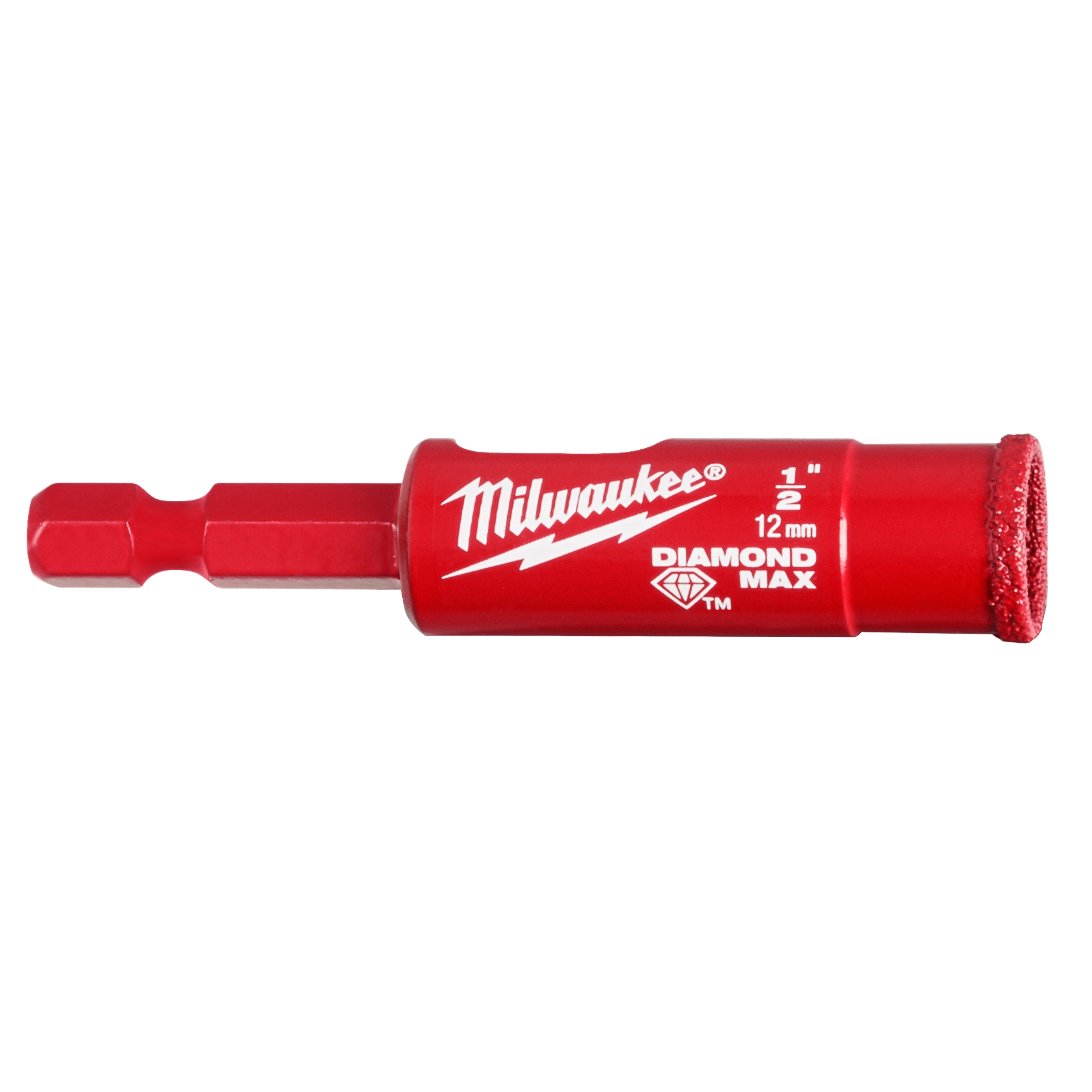 Milwaukee 1/2" Diamond Grit Hole Saw, red with white text, includes 1/4" hex shank and diamond-tipped cutting edge for durability.