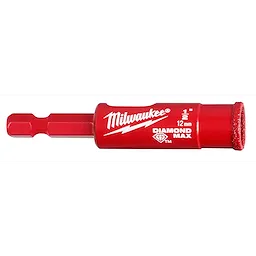 Milwaukee 1/2" Diamond Grit Hole Saw, red with white text, includes 1/4" hex shank and diamond-tipped cutting edge for durability.