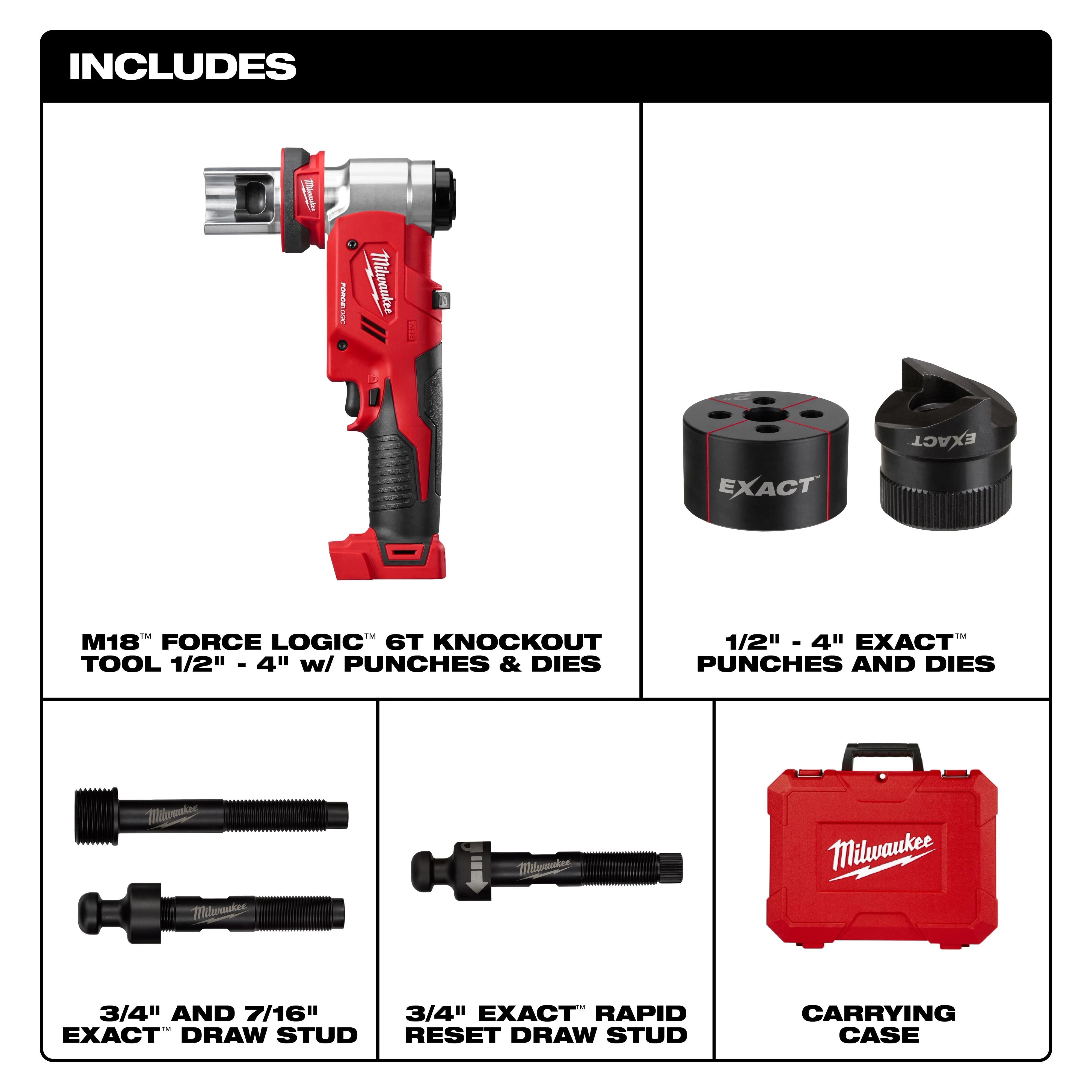 Milwaukee M18™ FORCE LOGIC™ 6T Knockout Tool kit includes a knockout tool, 1/2" - 4" EXACT™ punches and dies, 3/4" and 7/16" EXACT™ draw stud, 3/4" EXACT™ rapid reset draw stud, all stored in a red carrying case. Ideal for electrical and construction work.