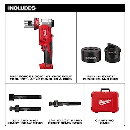 Milwaukee M18™ FORCE LOGIC™ 6T Knockout Tool kit includes a knockout tool, 1/2" - 4" EXACT™ punches and dies, 3/4" and 7/16" EXACT™ draw stud, 3/4" EXACT™ rapid reset draw stud, all stored in a red carrying case. Ideal for electrical and construction work.
