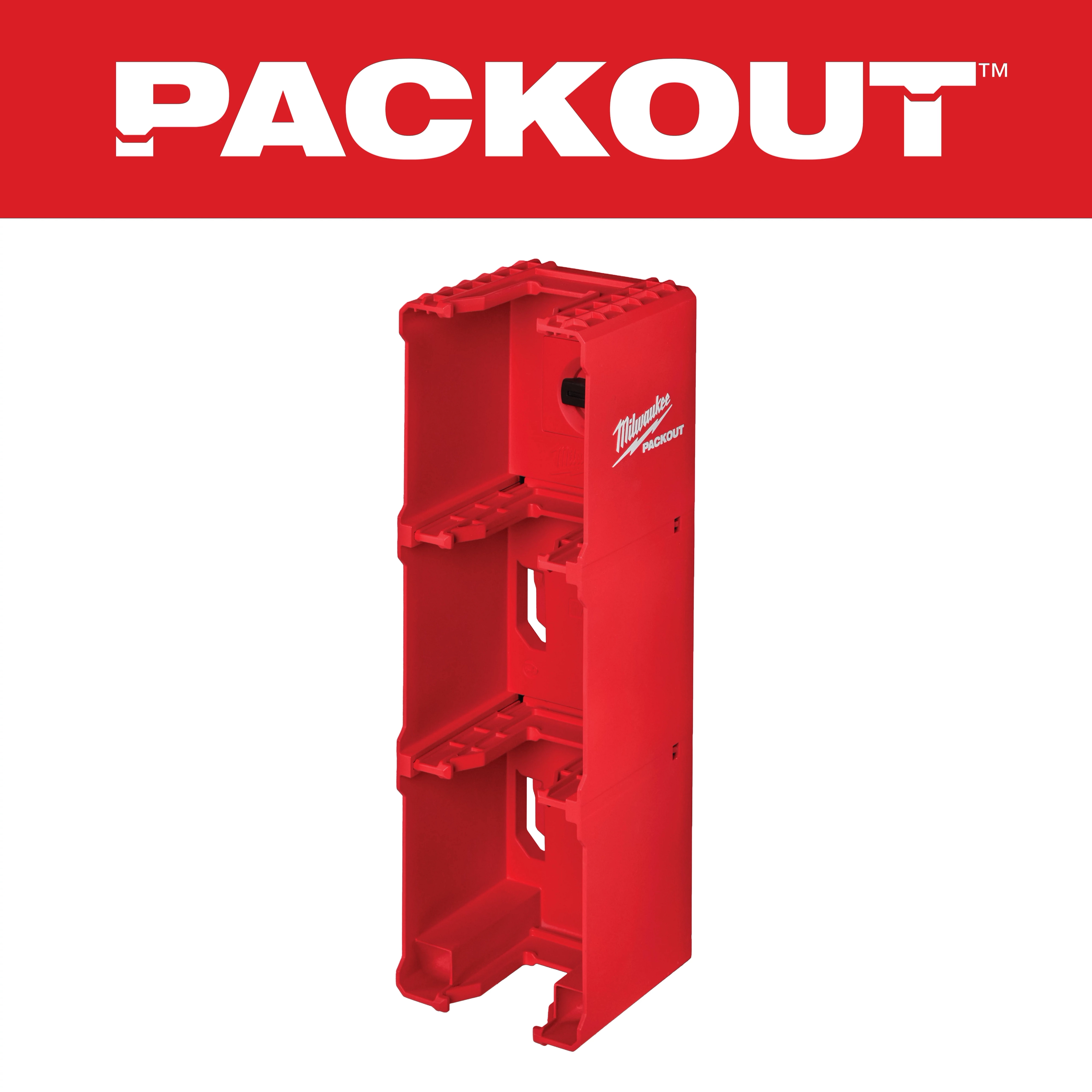 PACKOUT M18 Battery Rack in red with three storage slots. A logo in white is on the side, against a red background with white text.