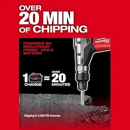 The M18 FUEL™ 1-9/16" SDS Max Rotary Hammer offers over 20 minutes of chipping with a single charge of REDLITHIUM™ FORGE™ XC8.0 battery. The product visuals emphasize the prolonged usage time in chipping through 5,000 PSI concrete.