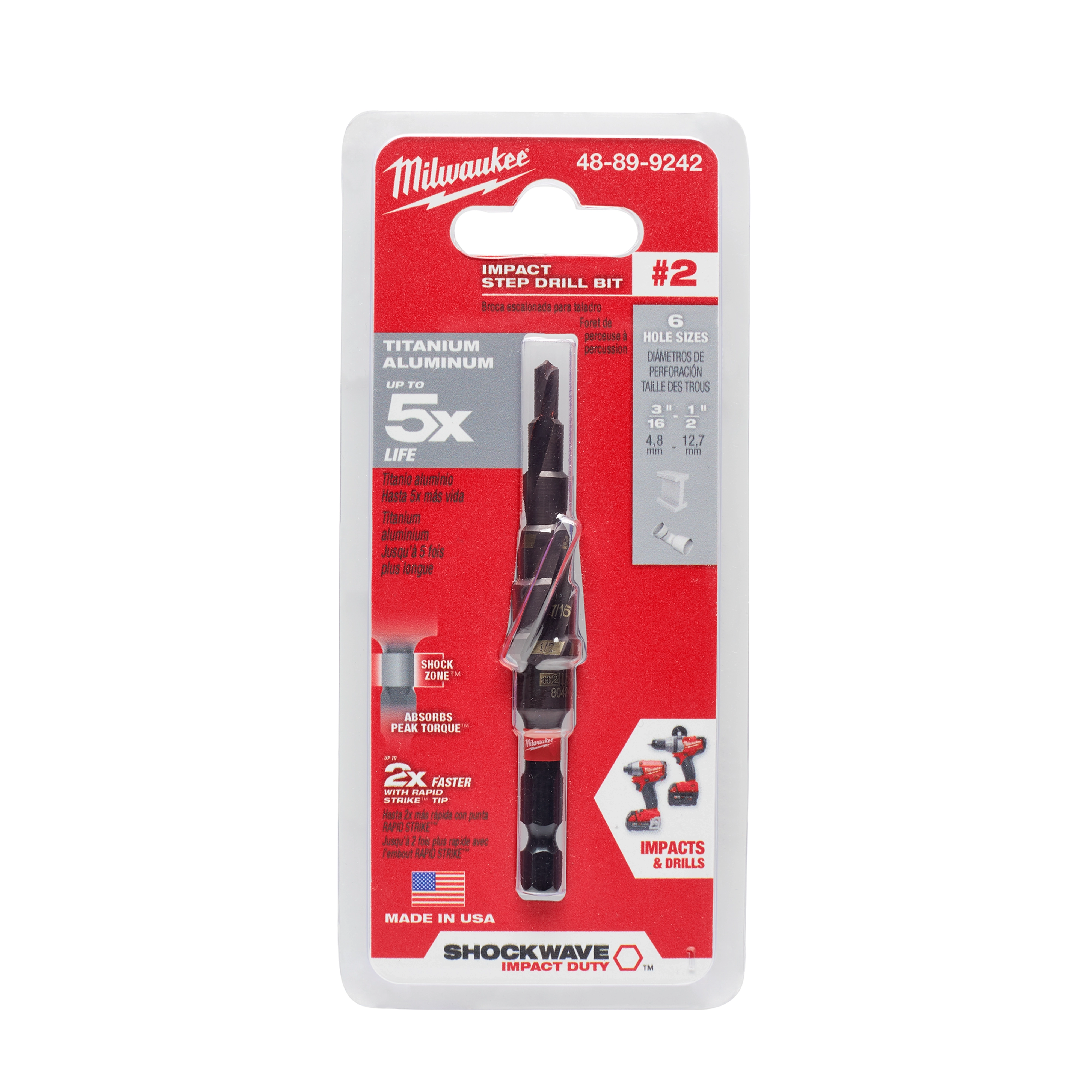 Milwaukee Impact Step Drill Bit in packaging, designed for impacts and drills, offers titanium aluminum construction and six hole sizes.