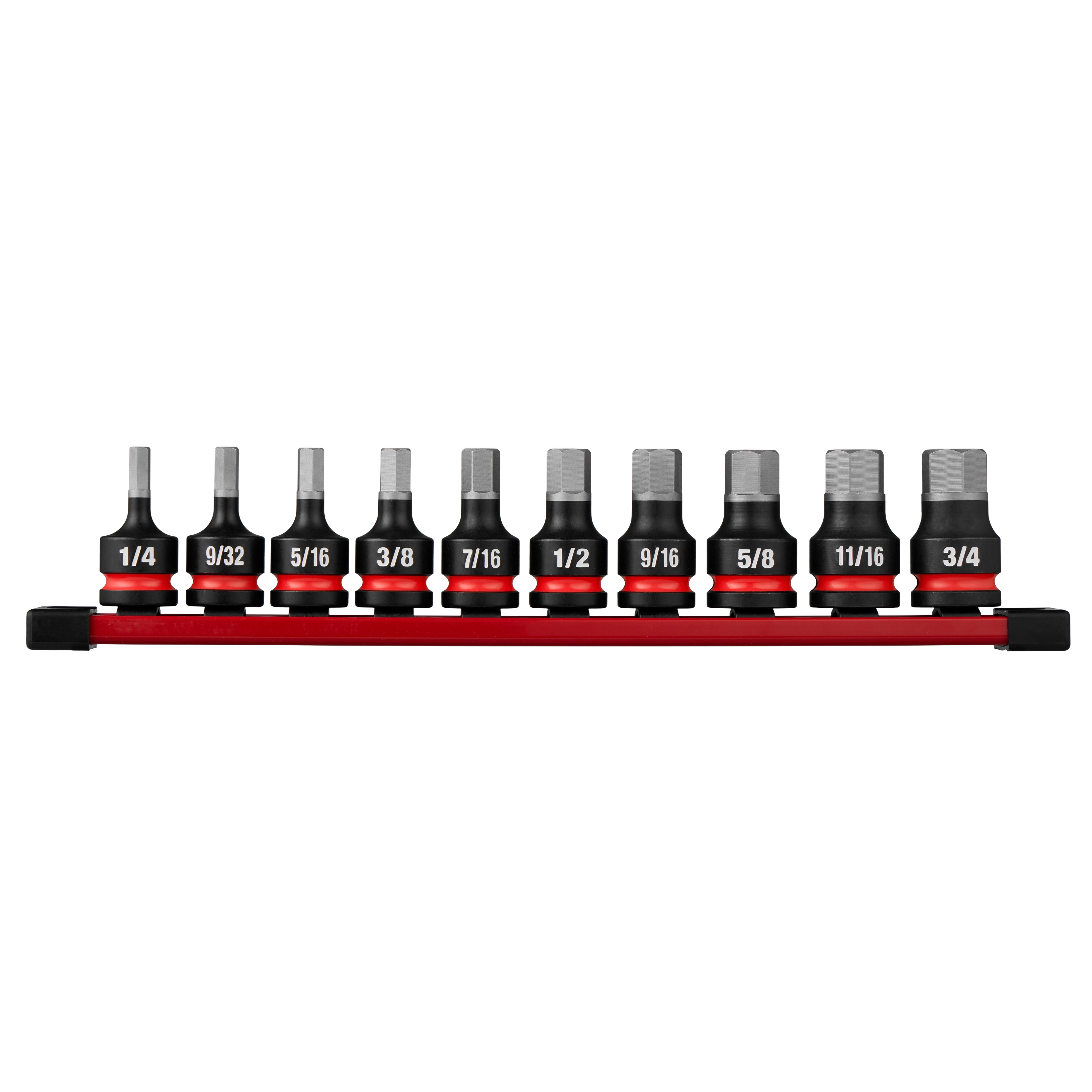 20PC SHOCKWAVE Impact Duty 1/2" Drive 2" Hex SAE/Metric Bit Socket Set arranged on a red rail.
