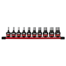 20PC SHOCKWAVE Impact Duty 1/2" Drive 2" Hex SAE/Metric Bit Socket Set arranged on a red rail.