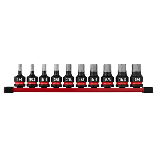 20PC SHOCKWAVE Impact Duty 1/2" Drive 2" Hex SAE/Metric Bit Socket Set arranged on a red rail.