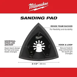 Milwaukee sanding pad with dense foam backer, universal open-lok anchor, and hook & loop for quick grit changes. Measures 3-1/2” (89 mm). Model 49-25-2001 OMT.