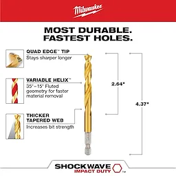The SHOCKWAVE 5/16 in. Titanium Twist Drill Bit features a quad edge tip for long-lasting sharpness, a variable helix for quick material removal, and a thicker tapered web for added strength. Measurements are shown as 2.64 inches for the smaller section and 4.37 inches for the total length.