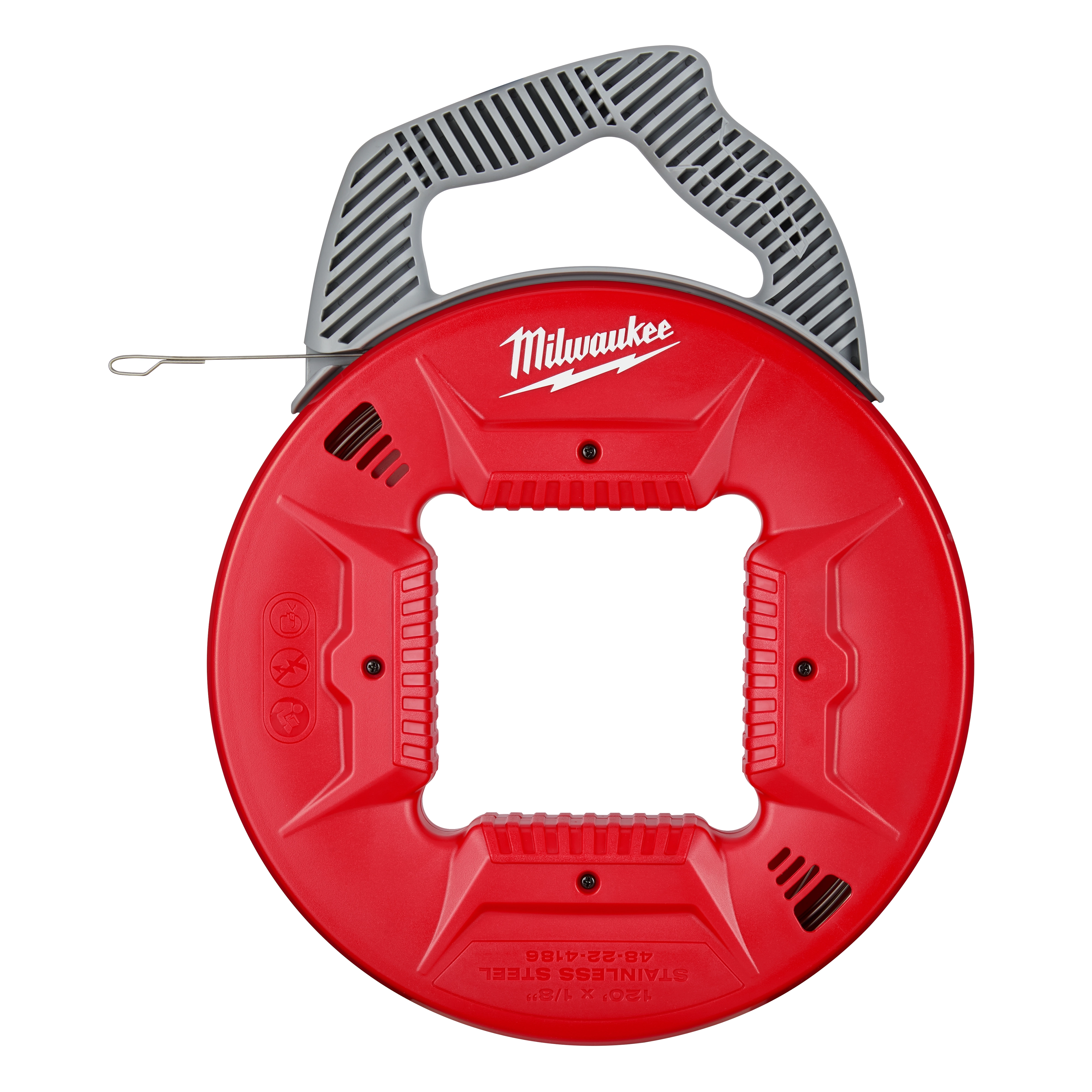 Milwaukee 120' 1/8" Stainless Steel Fish Tape with a red circular case and grey handle for electrical wire pulling.