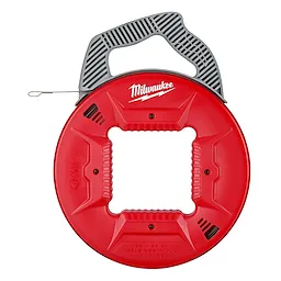 Milwaukee 120' 1/8" Stainless Steel Fish Tape with a red circular case and grey handle for electrical wire pulling.