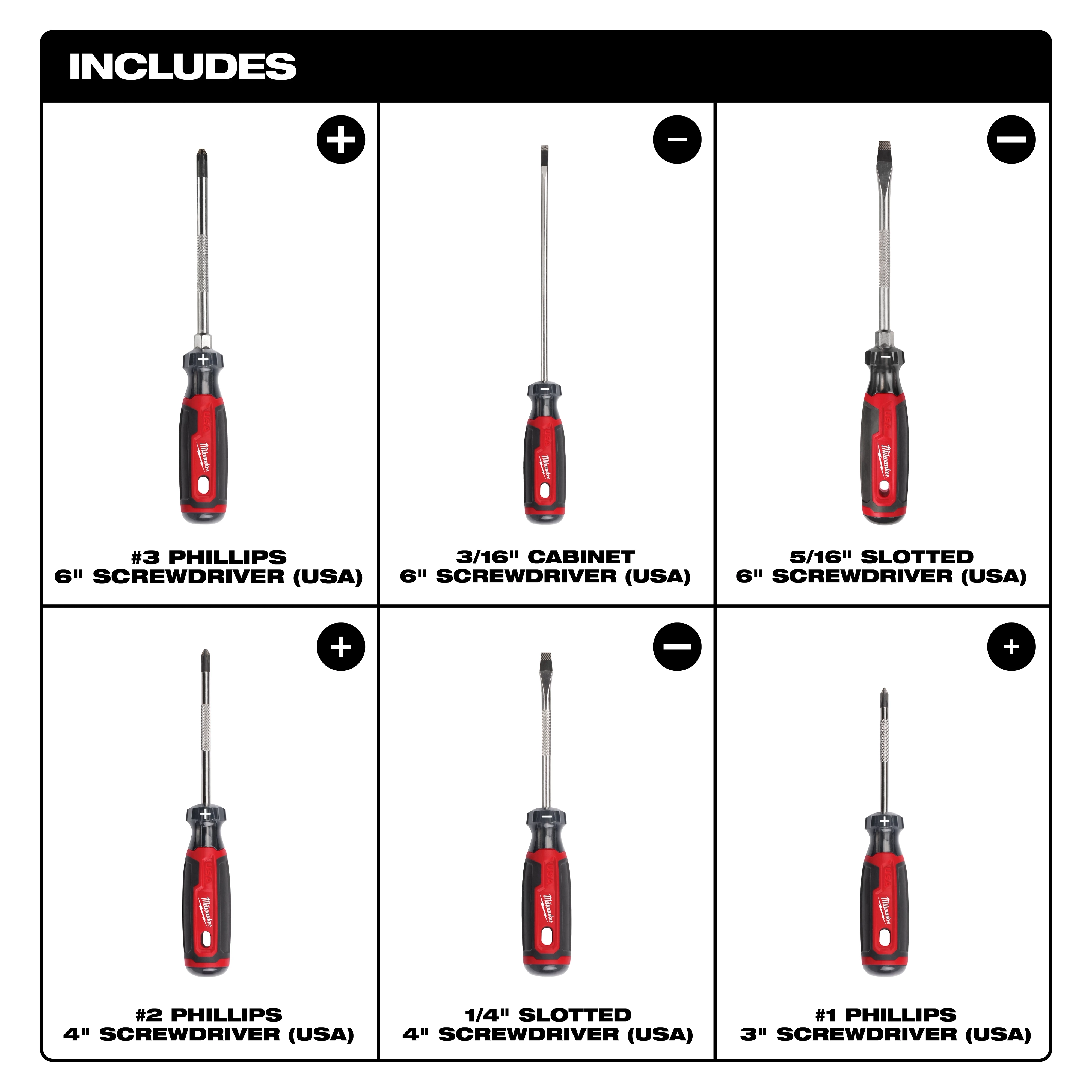 6PC Cushion Grip Screwdriver Set (USA) includes three Phillips and three slotted screwdrivers with varying sizes and black handles.