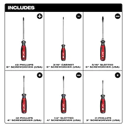 6PC Cushion Grip Screwdriver Set (USA) includes three Phillips and three slotted screwdrivers with varying sizes and black handles.