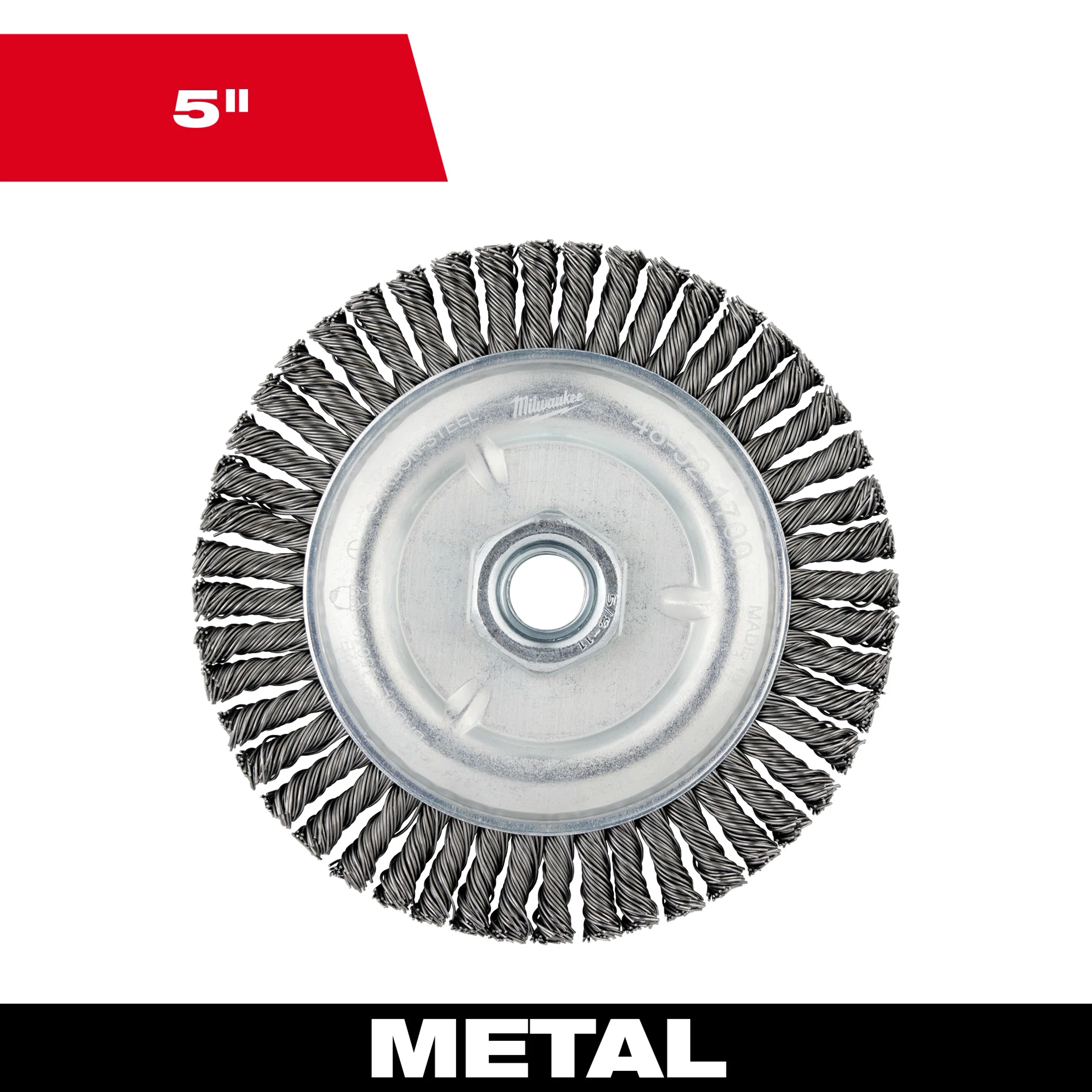 5" Stringer Bead Wheel made of carbon steel with twisted wire bristles arranged in a circular pattern, labeled for metal work.
