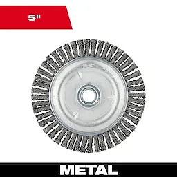 5" Stringer Bead Wheel made of carbon steel with twisted wire bristles arranged in a circular pattern, labeled for metal work.