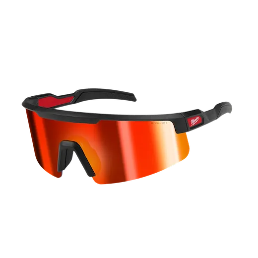 Wrap Around Safety Glasses with Red Mirrored Anti-Scratch Lenses feature a sleek black frame with integrated nose pads and ear grips, offering full eye coverage and protection. The red mirrored lenses provide a stylish look while ensuring durability and scratch resistance.