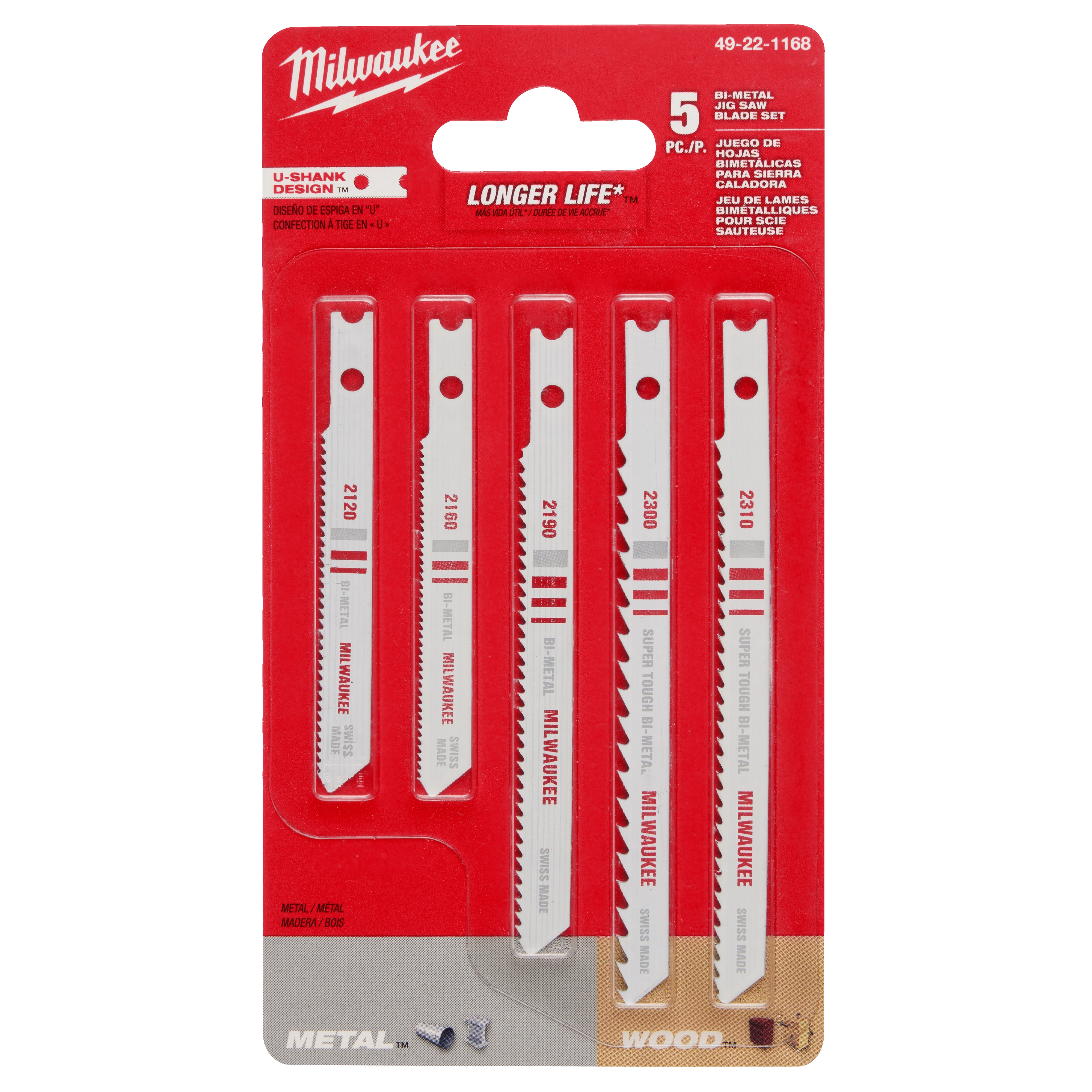 5 Pc T-Shank Bi-Metal Jig Saw Blade Set contains five blades of varying sizes for cutting metal and wood, displayed in red packaging.