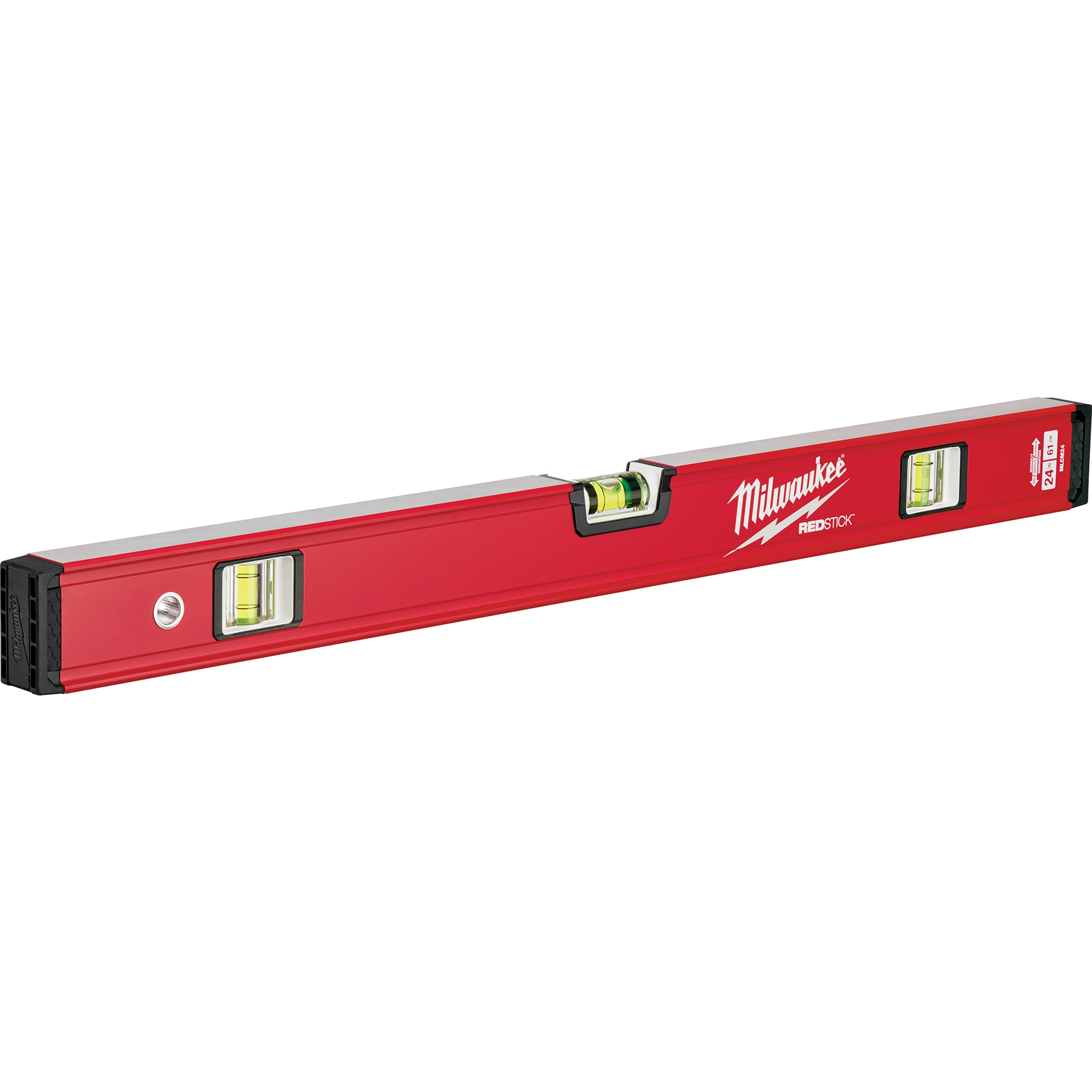 Red, 24-inch Milwaukee REDSTICK Level with three bubble vials for precision leveling. Compact design with black end caps.