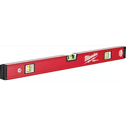 Red, 24-inch Milwaukee REDSTICK Level with three bubble vials for precision leveling. Compact design with black end caps.