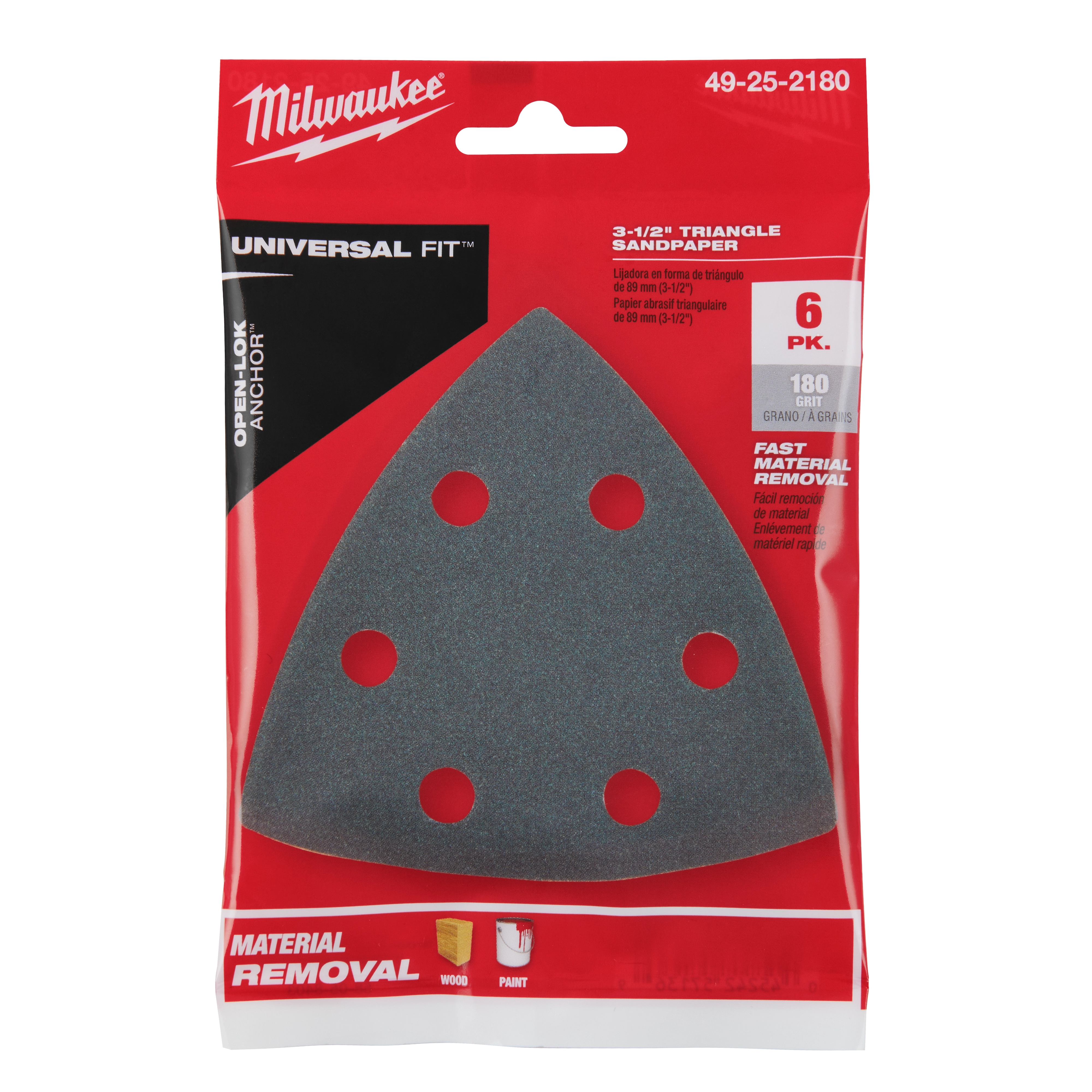 Milwaukee 3-1/2" 180 Grit Triangle Sandpaper 6PK in red packaging, featuring six sandpaper pieces with six holes each for material removal.