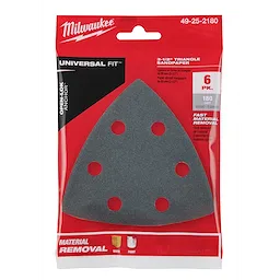 Milwaukee 3-1/2" 180 Grit Triangle Sandpaper 6PK in red packaging, featuring six sandpaper pieces with six holes each for material removal.