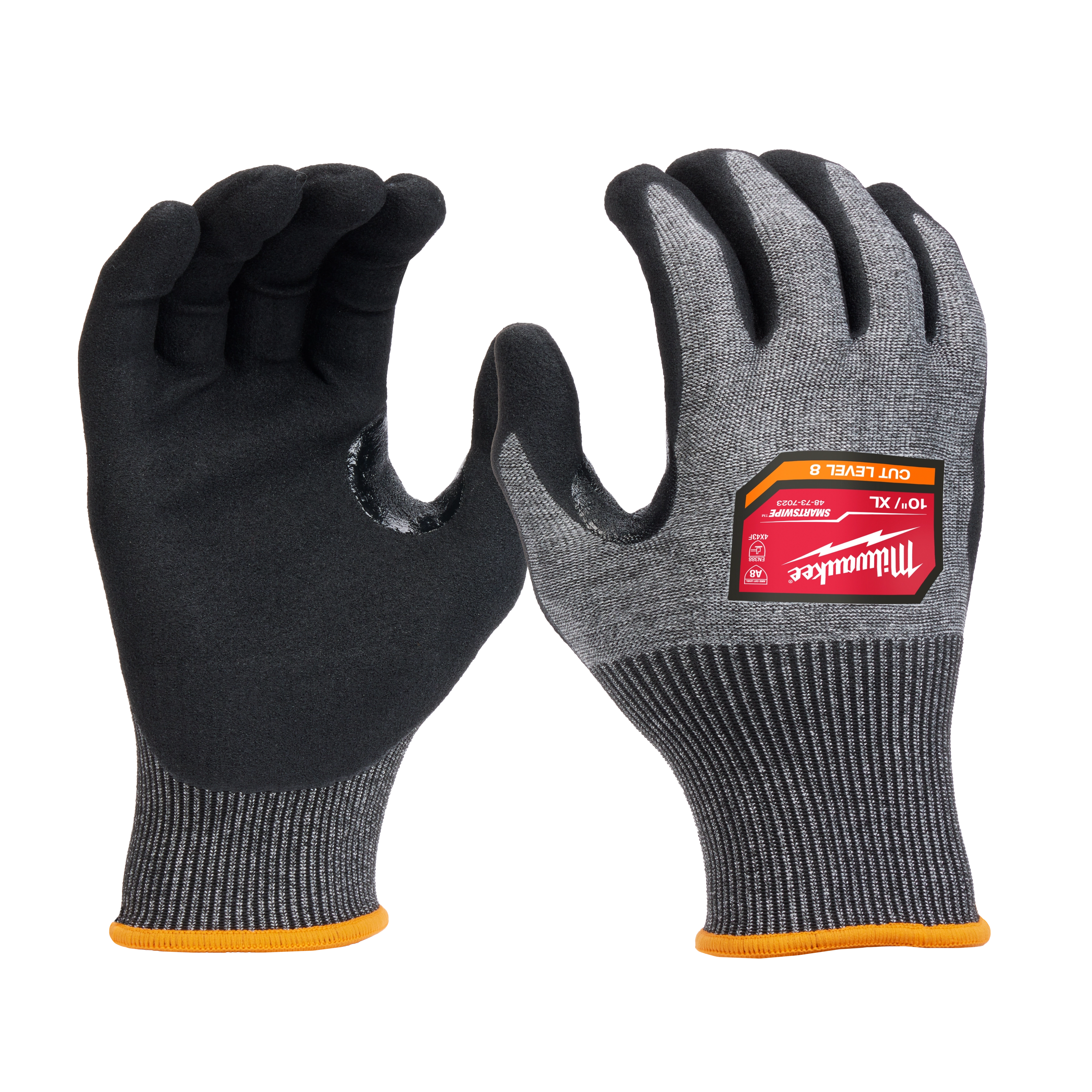 Cut Level 8 High-Dexterity Nitrile Dipped Gloves - XL in gray and black. Gloves feature a textured grip and orange trim.