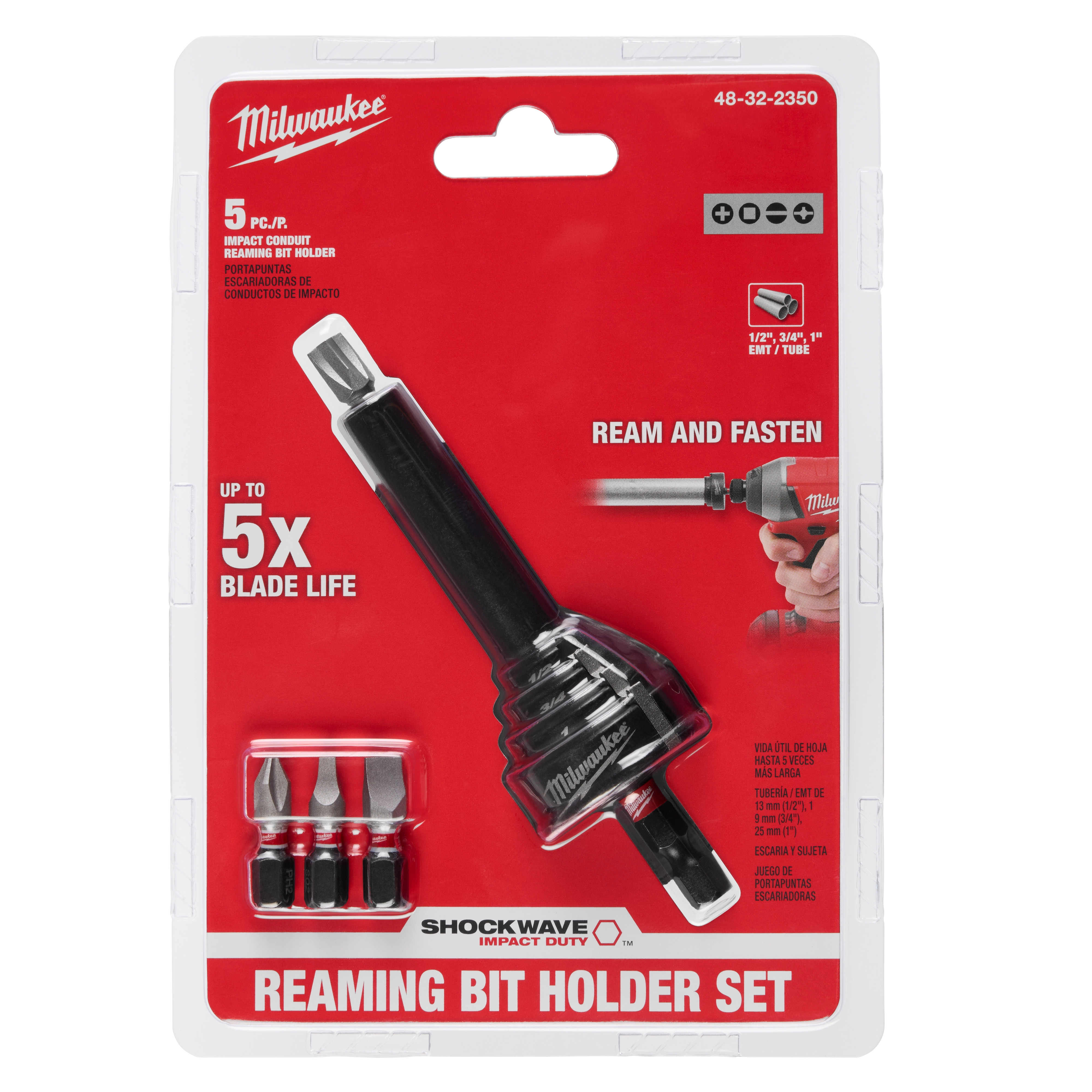 The image is currently unavailable due to processing. It should show a SHOCKWAVE™ Conduit Reaming Bit Holder, a tool designed to hold and ream conduit bits efficiently.