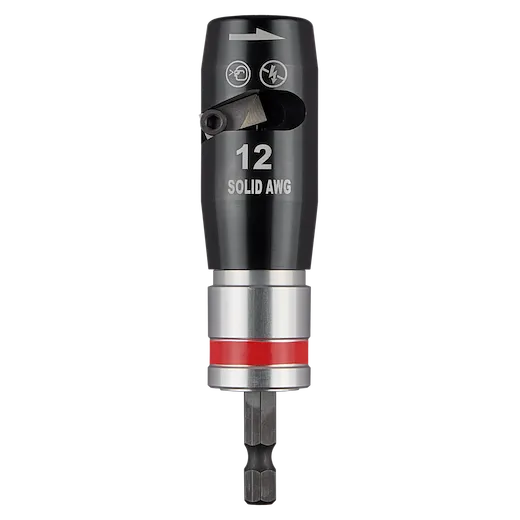 This image shows a 12 AWG Solid Wire Stripper tool. The black and silver tool has a red band near its base, with the number 12 and "SOLID AWG" printed in white. It features an adjustment knob and an icon for wire stripping functions.