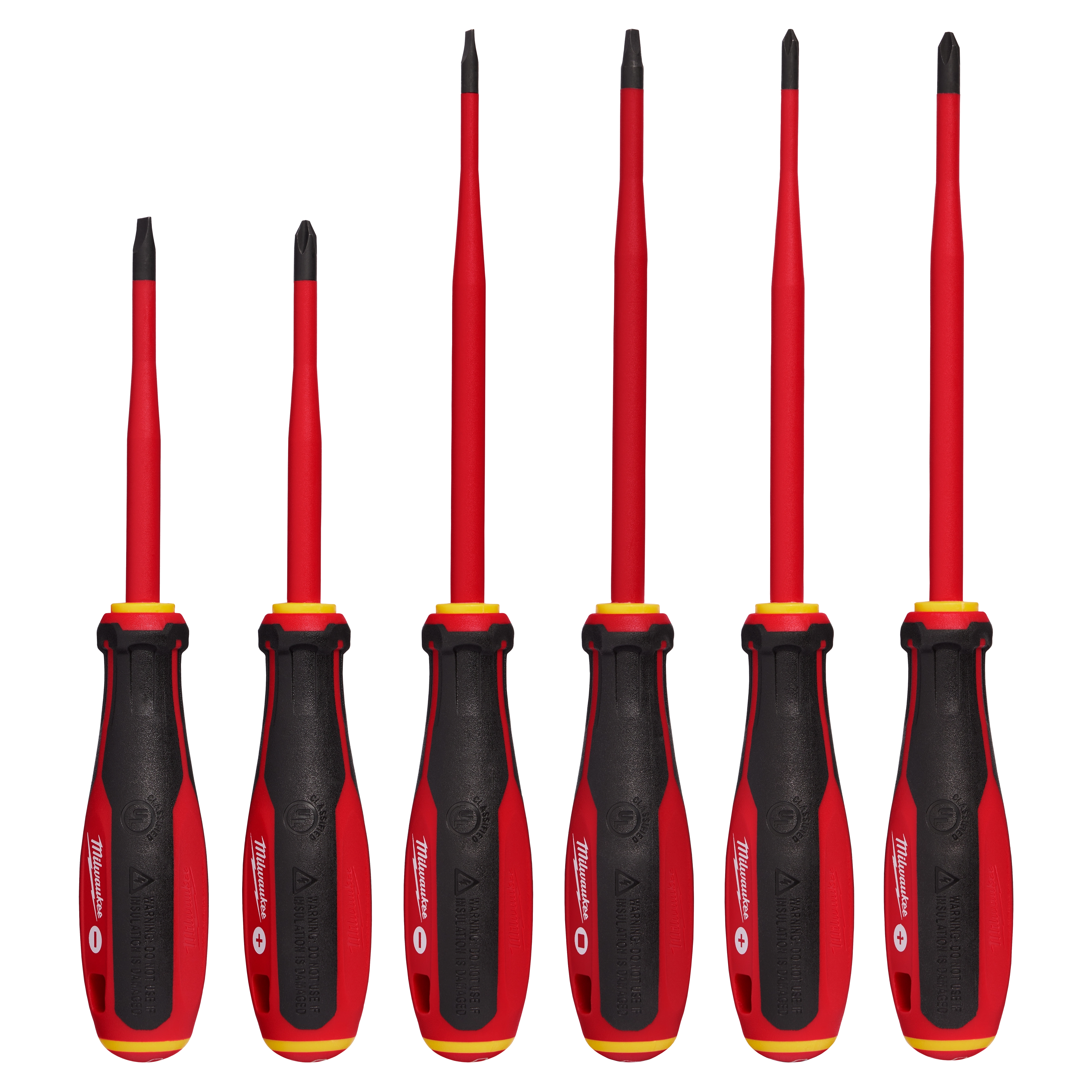 6pc 1000V Insulated Slim Tip Screwdriver Set with red handles and black grips, featuring six screwdrivers for electrical work.