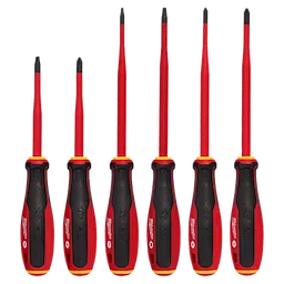 6pc 1000V Insulated Slim Tip Screwdriver Set with red handles and black grips, featuring six screwdrivers for electrical work.
