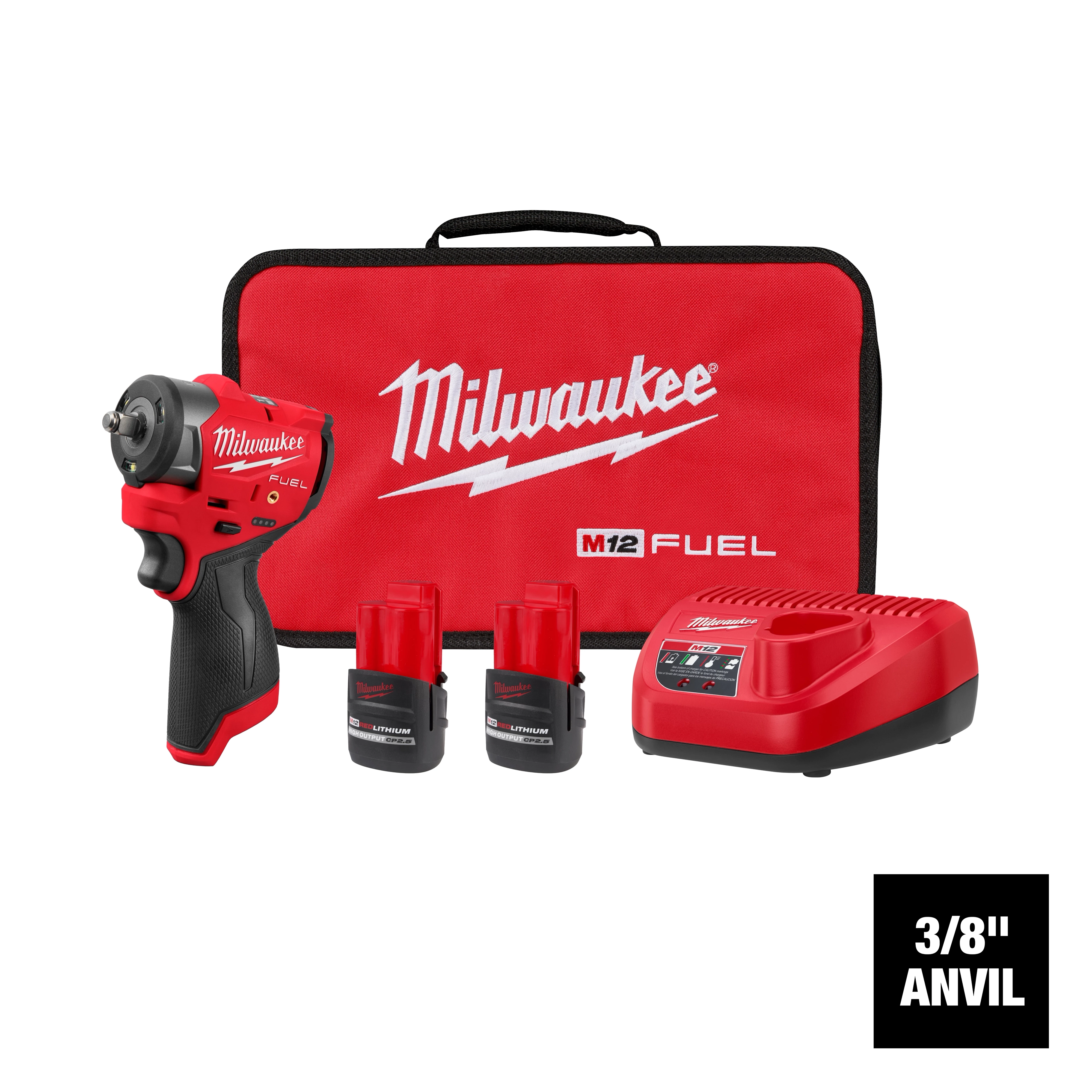 The M12 FUEL™ 3/8" Subcompact Impact Wrench w/ Friction Ring set includes an impact wrench, two batteries, a charger, and a red Milwaukee carrying case. The tool and accessories are red and black.