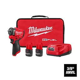 The M12 FUEL™ 3/8" Subcompact Impact Wrench w/ Friction Ring set includes an impact wrench, two batteries, a charger, and a red Milwaukee carrying case. The tool and accessories are red and black.